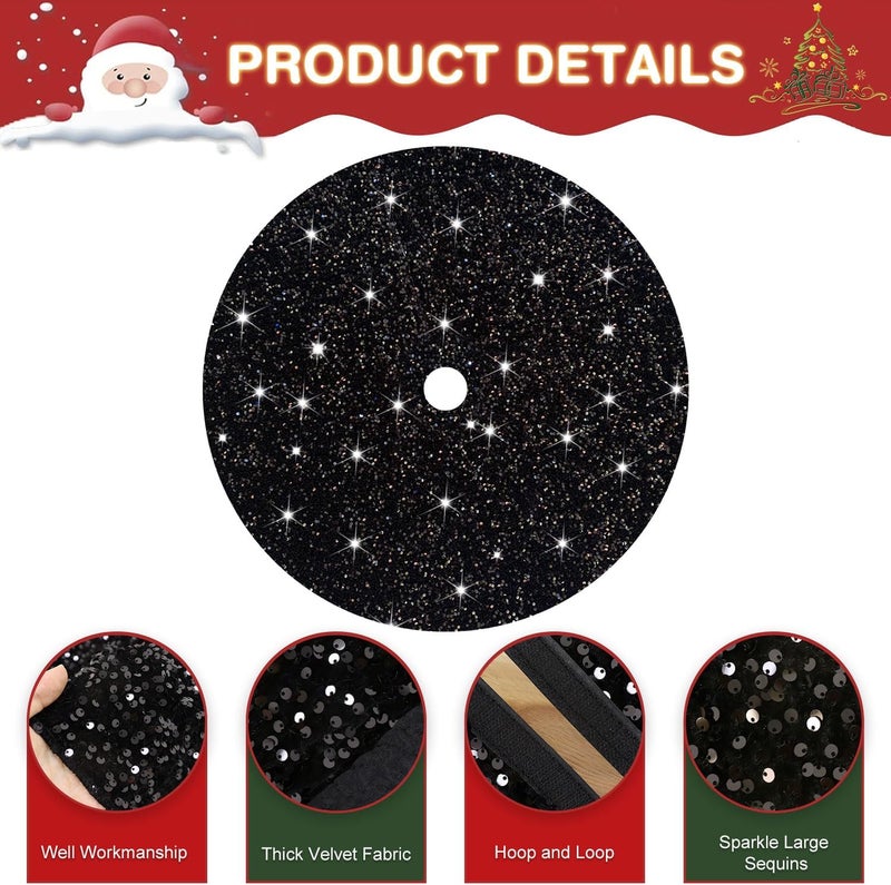 PATYDEST Black Christmas Tree Skirt 36 Inch Sparkly Sequin Tree Skirt Velvet Tree Skirt Holiday Tree Mat for for Artificial Trees Fall Christmas Tree Skirts for Black Christmas Tree Decorations - Image 2
